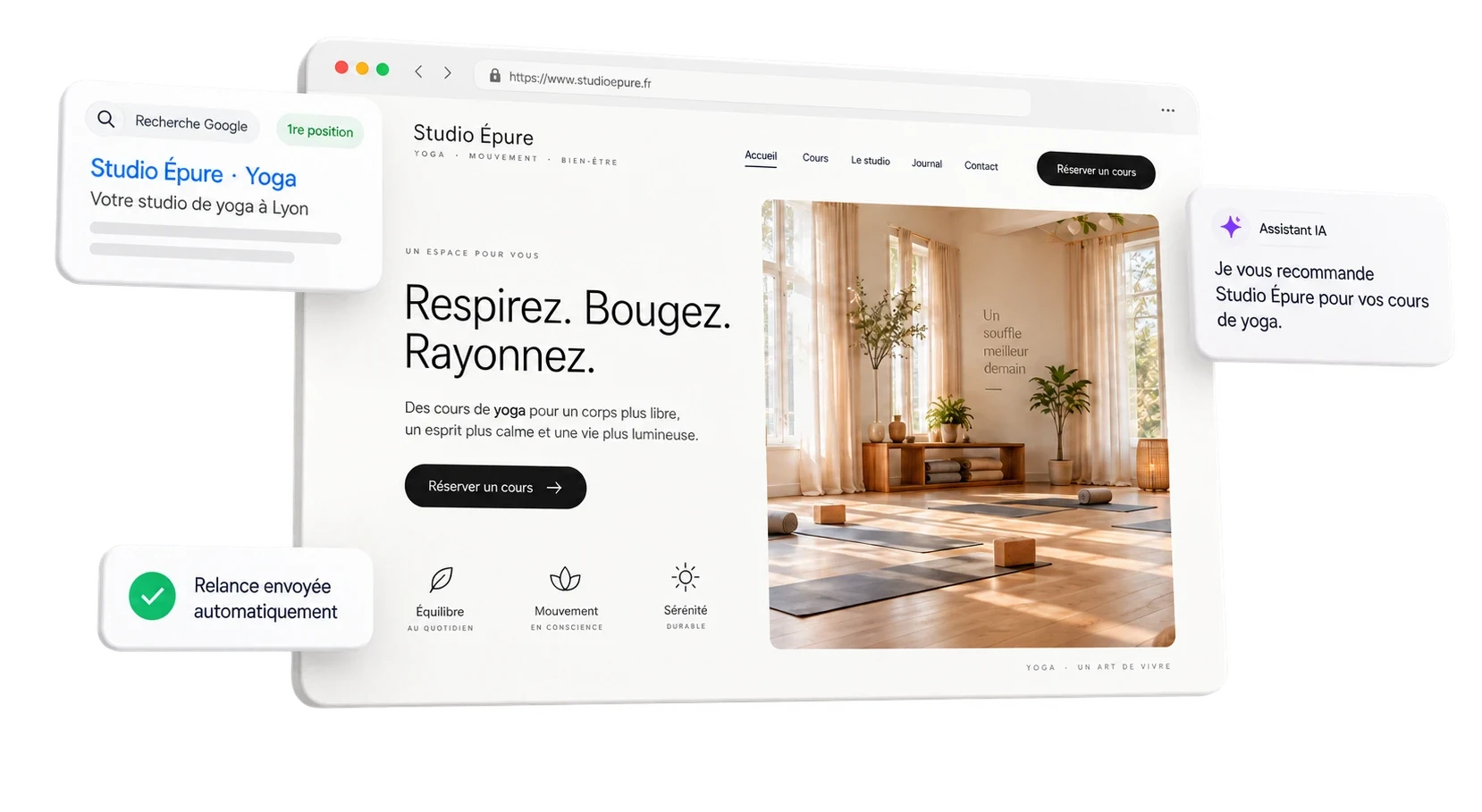Exemple de site créé par OSEOO : bien placé sur Google, recommandé par un assistant IA, avec des relances automatiques